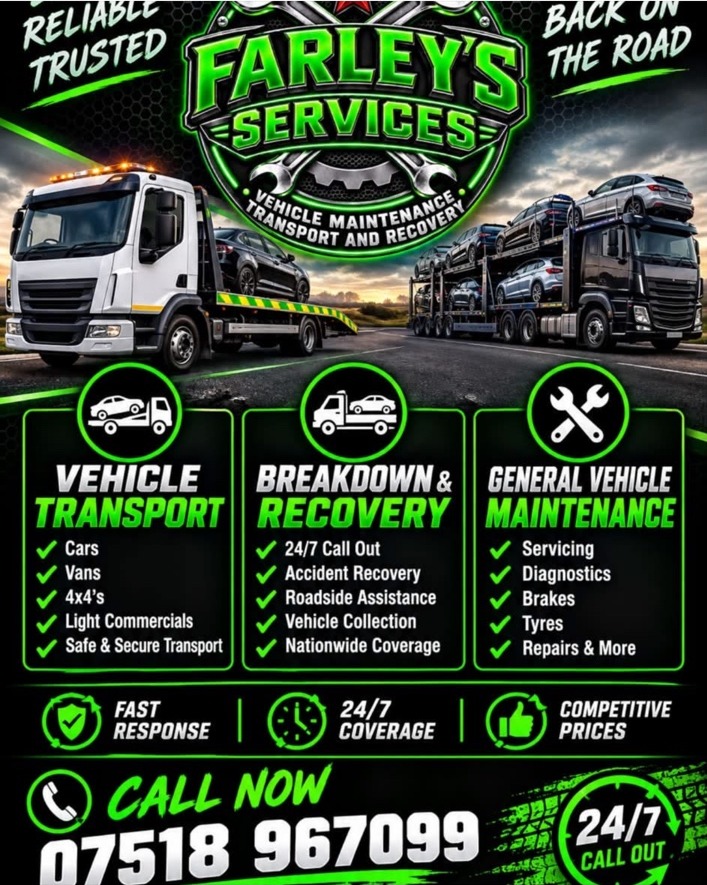 Farley's Services vehicle transport and recovery promotional artwork